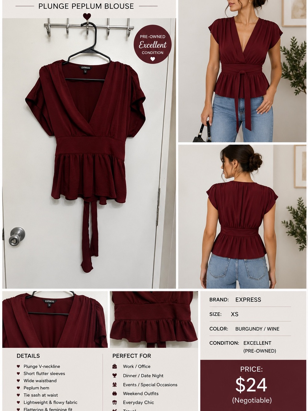 Express Burgundy Plunge Peplum Wrap Blouse
